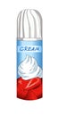 Whipped cream with strawberry flavor in bottle. Milk product. Dessert. Sweet cream confectionery. Vector.