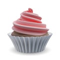 Whipped pink cream swirl cupcake with biscuit. Realistic vector