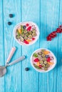 Whipped quark mousse with raspberries, blueberries, red currant and fizalis on a blue background. Top view, free space Royalty Free Stock Photo