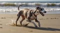 Whippet dog running on a sandy beach, composite sequence capturing multiple frames of the same dog in motion Royalty Free Stock Photo