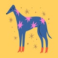 Whippet in red boots. Vector clipart dog sticker. Dogs breed. EPS and JPG illustration. Funky doodle trendy print