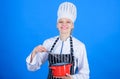 Whipping cream tips and tricks. Woman professional chef hold whisk and pot. Whipping like pro. Girl in apron whipping Royalty Free Stock Photo