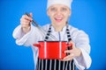 Whipping cream tips and tricks. Woman professional chef hold whisk and pot. Start slowly whisking whipping or beating Royalty Free Stock Photo