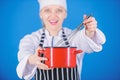 Whipping cream tips and tricks. Woman professional chef hold whisk and pot. Start slowly whisking whipping or beating Royalty Free Stock Photo