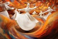 Whirling Dervishes: mesmerizing panorama capturing the graceful movements of whirling dervishes in vibrant traditional costumes