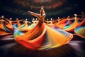 Whirling Dervishes: mesmerizing panorama capturing the graceful movements of whirling dervishes in vibrant traditional costumes