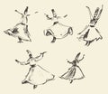 Whirling dervishes mevlana sufi hand drawn sketch