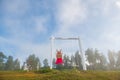 Whirling dreams on the wings of a swing girl in a pink dress Royalty Free Stock Photo