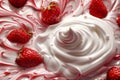 Whirling milk cream with strawberries, textures create dynamic movement