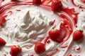 Whirling milk cream with strawberries, textures create dynamic movement