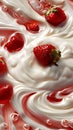 Whirling milk cream with strawberries, textures create dynamic movement