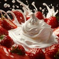 Whirling milk cream with strawberries, textures create dynamic movement