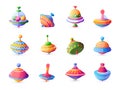 Whirling top. Cartoon colorful humming top plastic toy for children, spinning peg-top with motion balance. Vector