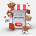 Whirlwind of gifts, shopping carts, baskets, paper bags, credit cards Royalty Free Stock Photo