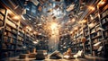 A Whirlwind of Knowledge Surreal Library Explodes with Flying Books and Erupting Ideas a Stunning Visual Representation Royalty Free Stock Photo