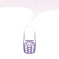 A whirlwind of small dots becomes old cell phone. Violet polka vector illustration