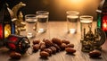 Ramadan table setting with lanterns and dates.jpeg Royalty Free Stock Photo