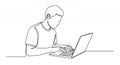 Minimalist line art of focused young man working on laptop, coding, studying, or remote work Royalty Free Stock Photo