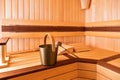 Whisk, bucket and ladle for sauna. Lie on the bench