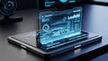 Futuristic tablet displaying advanced AI data analytics in dark modern workspace Royalty Free Stock Photo