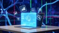 Laptop with glowing brain interface and AI icons on screen in modern workspace.jpeg Royalty Free Stock Photo