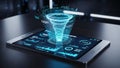 Futuristic data visualization on tablet with glowing blue funnel and analytics dashboard Royalty Free Stock Photo