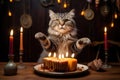 Whisker Wonderland: In the glow of candlelight, a cat contemplates a cake, marking a feline's special day. The