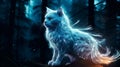 Whiskered Guardian: Cat Patronus Illuminating Enchanted Moonlit Wilderness