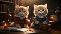 Whiskered Wordsmiths: Two Kittens in Writer\'s Attire, Scribbling Tales by Candlelight AI Generated Royalty Free Stock Photo