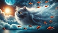 Whiskers in the Clouds: Feline Fantasy Amongst Floating Goldfish Royalty Free Stock Photo