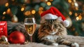 Whiskers and Wine, A Feline Celebration of Yuletide Mirth With a Santa-Hat-Clad Kitty Purring Beside a Glass of Red