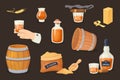 Whiskey advertisement. Cartoon whisky products, glencairn glass bourbon liquor scotch bottle man hand hold shot rum ice