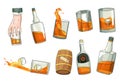 Whiskey advertising design elements. Advertising design symbols set. Glass bottle, man hand holding glass of scotch with