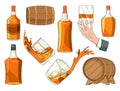 Whiskey advertising vintage design elements. Glass bottle, man hand holding glass of scotch with ice cubes, wooden