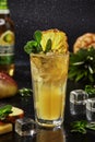 Whiskey based cocktail with yuzu puree, spicy mango syrup, apple cider