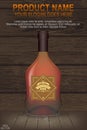 Whiskey bottle advertising banner vector colored illustration on wooden.