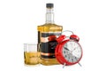 Whiskey bottle and full glass of whiskey with alarm clock, 3D rendering