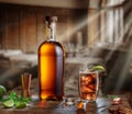Whiskey bottle and glass of whiskey gleamed in the sun lights from window are on the old wooden table. Blurred interior of pub at Royalty Free Stock Photo