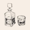 Whiskey Bottle and Glass. Hand Drawn Drink Vector Illustration