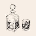 Whiskey Bottle and Glass. Hand Drawn Drink Vector Illustration