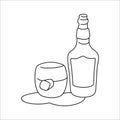 Whiskey bottle and glass outline icon on white background. Black white cartoon sketch graphic design. Doodle style. Hand drawn Royalty Free Stock Photo