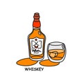 Whiskey bottle and glass outline icon on white background. Colored cartoon sketch graphic design. Doodle style. Hand drawn image. Royalty Free Stock Photo