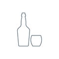 Whiskey bottle and glassware. Alcoholic drink for parties and celebrations. Simple black line shapes isolated. Illustration on
