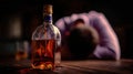 The whiskey bottle with a melancholic figure in the background reflecting on life. AI generated image Royalty Free Stock Photo
