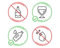 Whiskey bottle, Water bottle and Wine glass icons set. Water drop sign. Vector