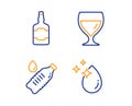 Whiskey bottle, Water bottle and Wine glass icons set. Water drop sign. Vector Royalty Free Stock Photo