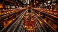 Whiskey bottles are arranged on a conveyor belt as part of a distillery's production process Royalty Free Stock Photo