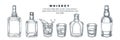 Whiskey bottles and glass, vector sketch illustration. Scotch, brandy or liquor alcohol drinks. Bar menu design elements Royalty Free Stock Photo