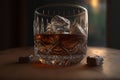 Whiskey, bourbon or rum with chocolate. Close-up of alcohol in glass with ice cubes Royalty Free Stock Photo