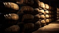 Whiskey, bourbon, scotch barrels aging facility. Rows of traditional whiskey barrels. generative ai Royalty Free Stock Photo